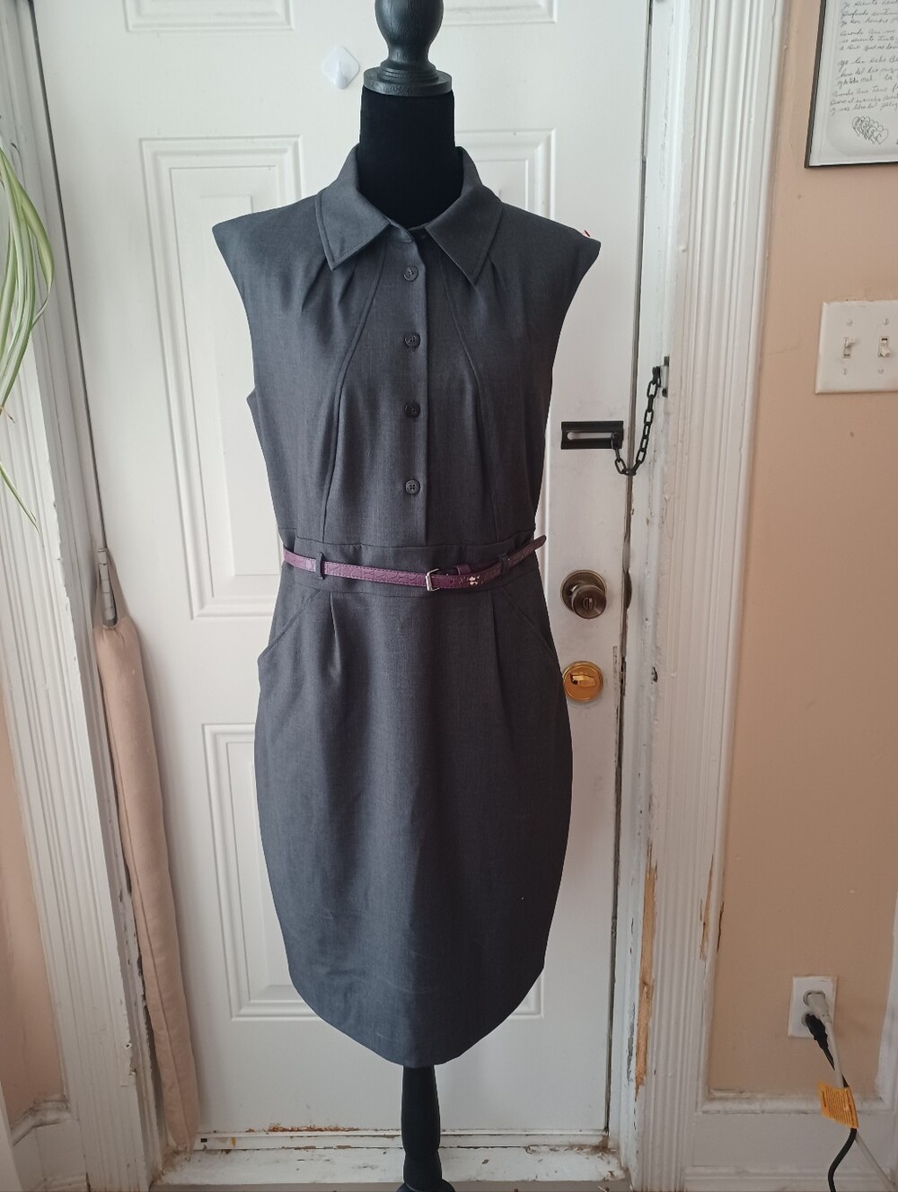 Calvin Klein Sleeveless Charcoal Gray Sheath Dress with Slim Belt